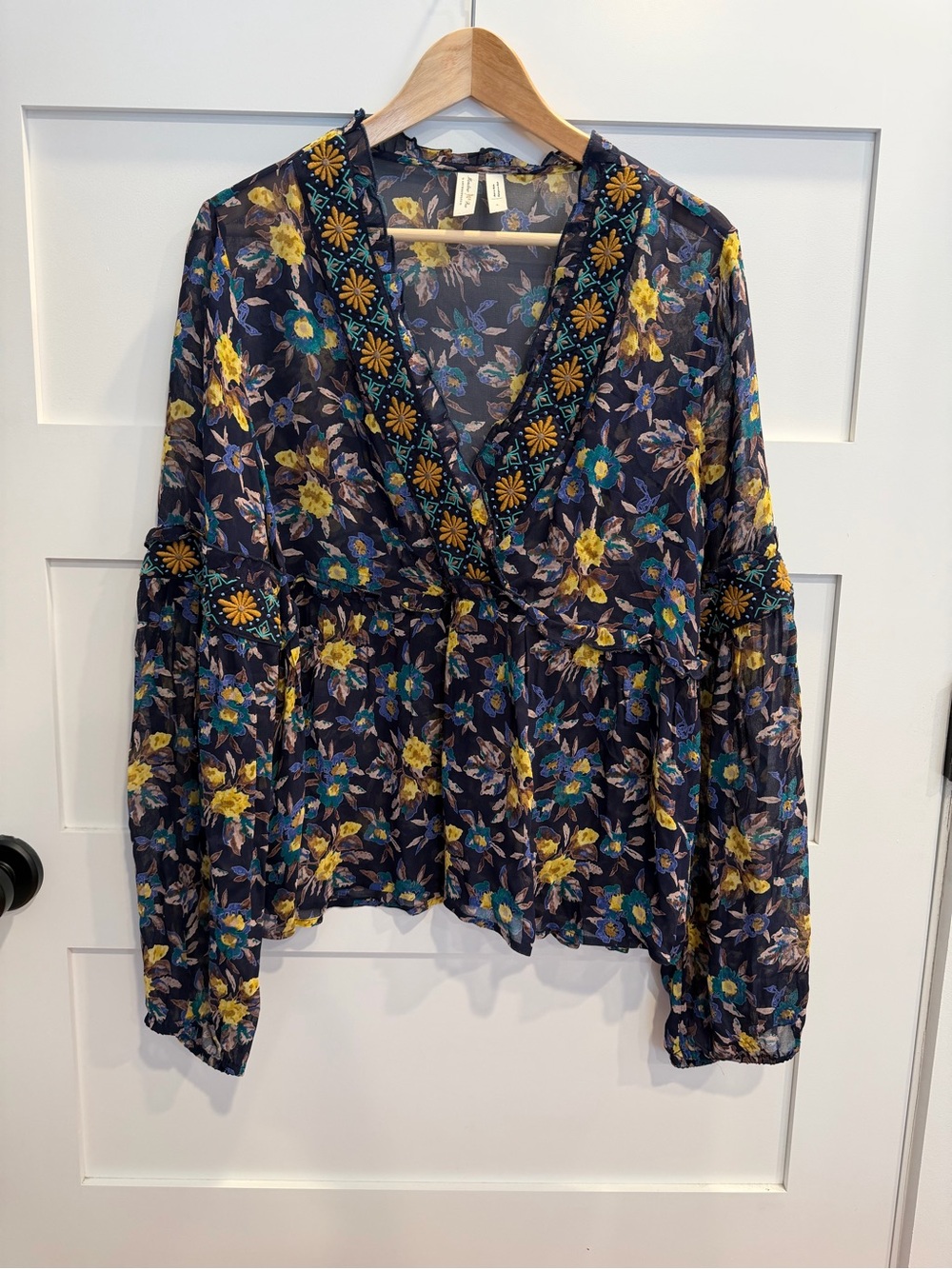 Anthropologie Navy Floral V-Neck Peasant Blouse with Yellow Accents